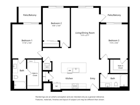 Floor plan for 3 beds, 2 baths, 1384 sqft